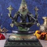 Brass Yog Narasimha Swamy Statue 11" | Unique Black Green Antique Finish | 6 kg Handcrafted Sculpture | 8" Width, 6" Depth | Yoga Narasimha Temple Inspired